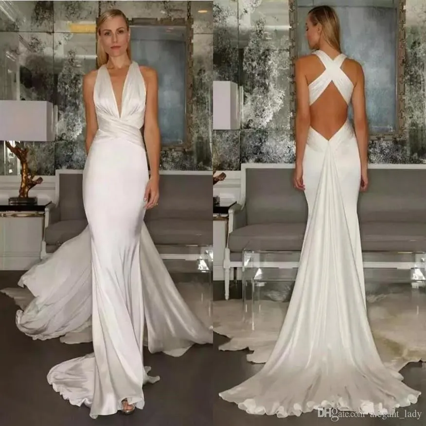 Abiti da sposa a sirena da spiaggia sexy semplice cintura incrociata schiena scoperta casual scollo a V profondo dea greca abito da sposa senza maniche209E