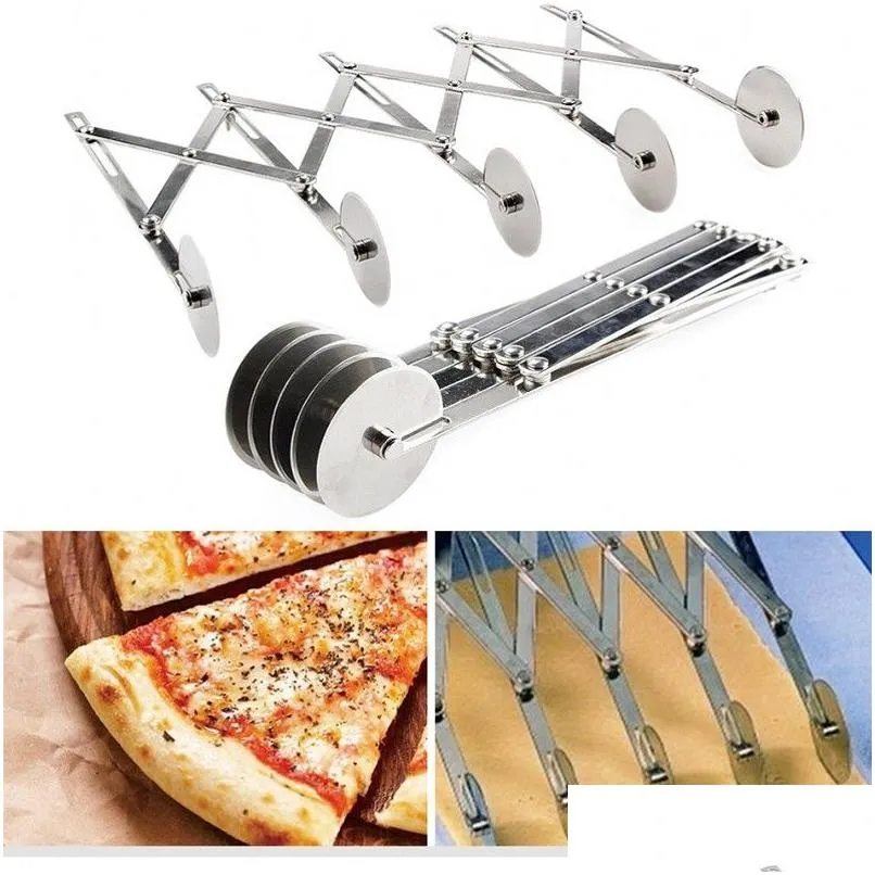 Otros utensilios para hornear 3 ruedas Cortador de masa Pizza Separador de acero inoxidable Pasta antiadherente Rodillo basculante Cuchillos retráctiles Entrega de gota Ho Dho82