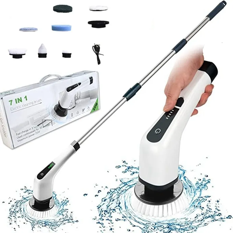 Mops Electric Spin Scrubber Cleaning Turbo Scrub Brush with 7 Replacement Heads Adjustable Handle Kitchen Bathroom Clean Tools 230721