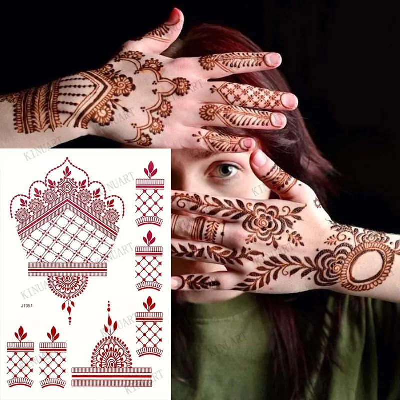 Brown henna tatueringar för hand rödbrun henna tatuering klistermärken för kvinnor blommor tatuering tillfällig vattentät falska tatoo hena