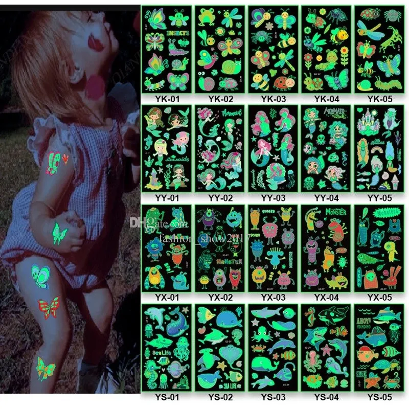 5 Sheets/Set Children Cartoon Luminous Tattoo Sticker for Kids Arm Face Glowing Tattoo Animal Dinosaur Mermaid Space Pirates Design