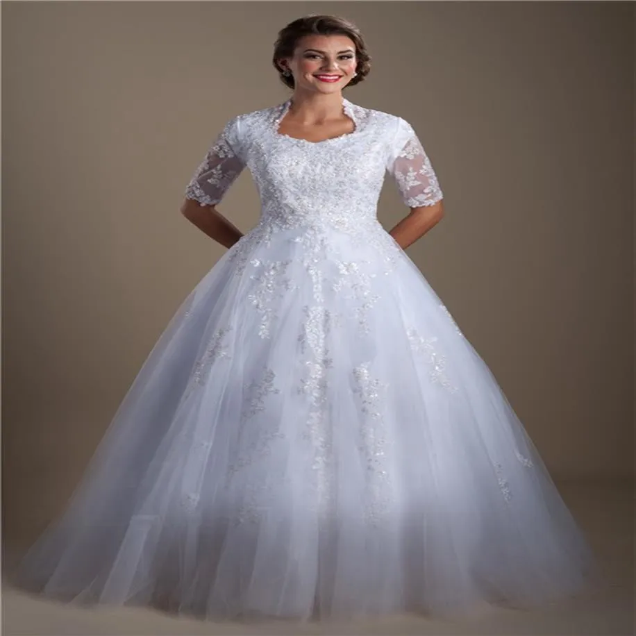 Weißes Ballkleid, bescheidene Brautkleider mit halben Ärmeln, Perlen-Spitze-Applikationen, Prinzessin, Kirche, Brautkleider, formell, elegant, Train227Z