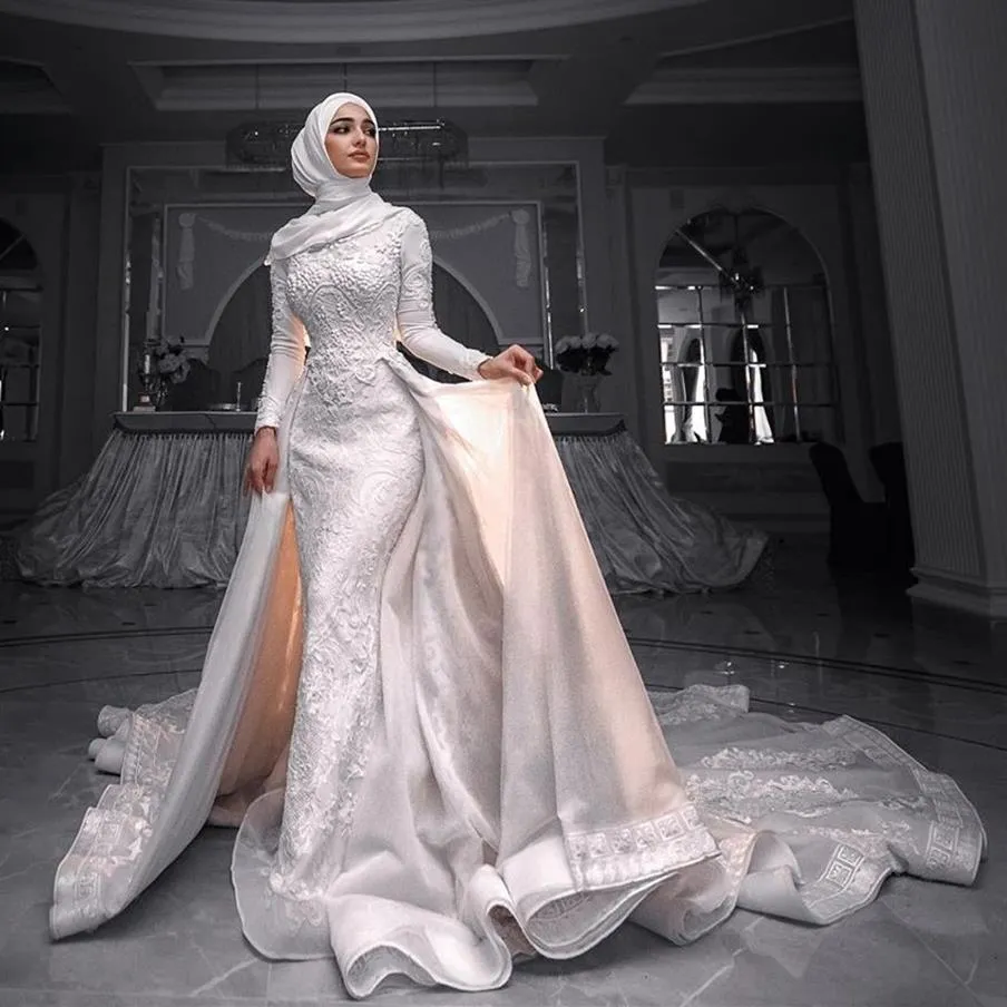 Lindos vestidos de noiva muçulmanos de renda sereia com trem destacável gola alta mangas compridas vestidos de noiva frisados tule robes de mari274y