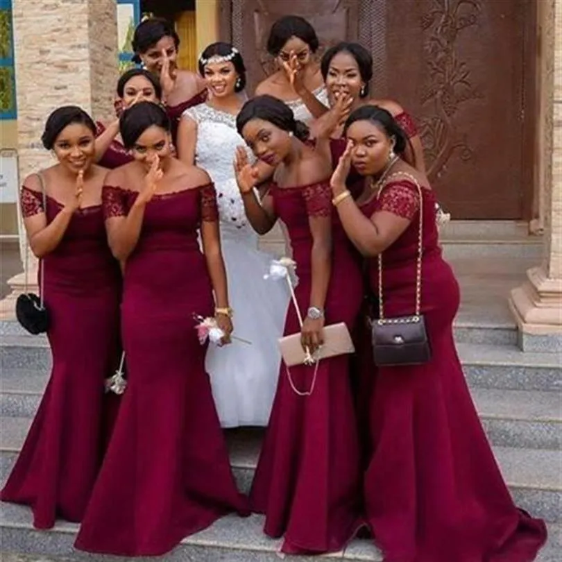2020 Африканская девушка темно -красное из плечевых кружевных рукавов русалка платья подружки невесты.