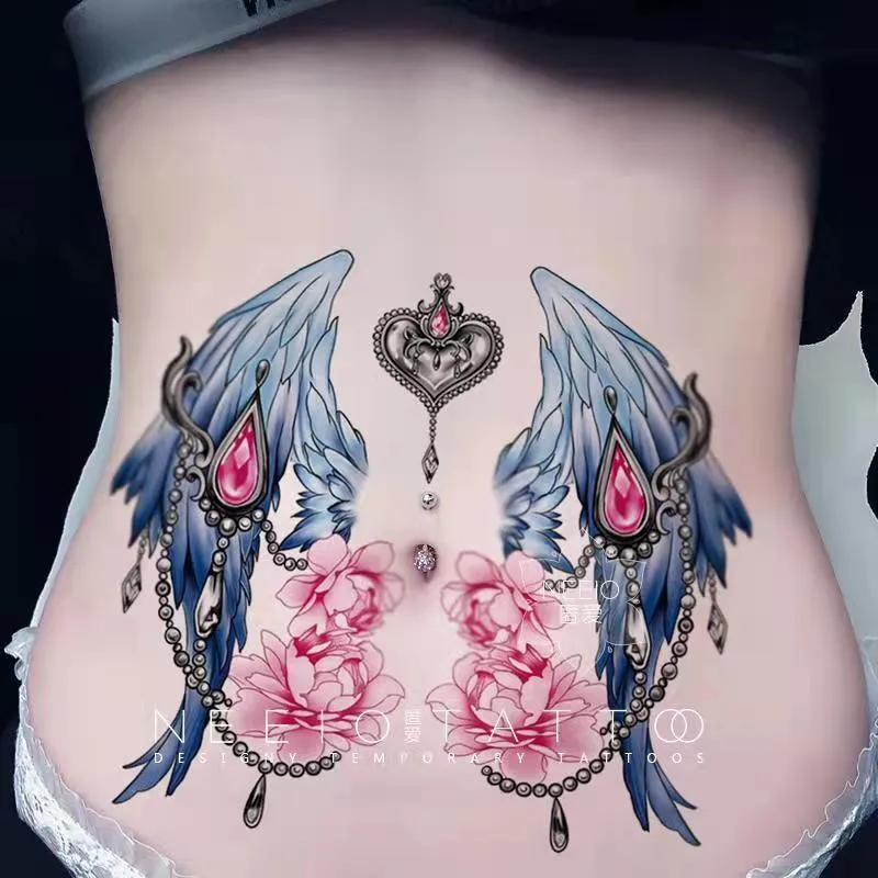 New Blue Feather Wing Temporary Tattoo Sticker Copertura impermeabile femminile Smagliature Cicatrice del ventre Tatuaggio finto Tatuaggio grande immagine