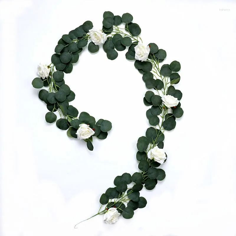 Flores decorativas 1pcs artificial eucalipto decoração de parede de guirlanda de parede de videiras de dólar prateado para arco de casamento festeira diy wreath 6,5ft