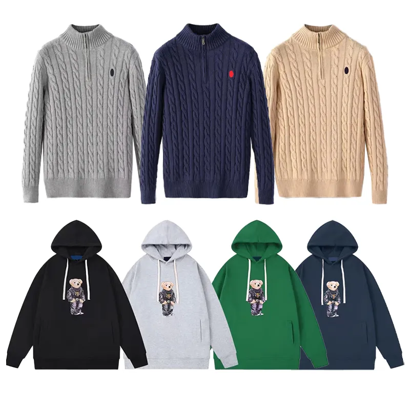 Suéteres para hombres Sudadera con capucha Hombres Suéter Diseñador Sudaderas con capucha Camisas Polo Media Cremallera Negocios Manga larga Cuello alto Twist Jumper Caballo Bordado Mens Otoño