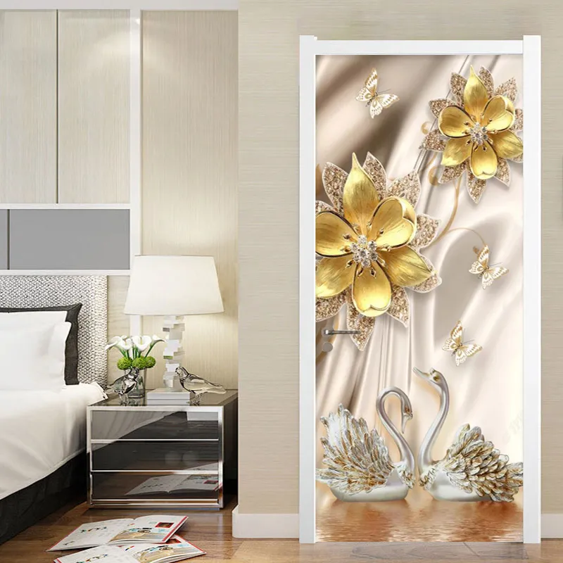 Wall Stickers European Style Door Sticker 3D Flowers Swan Luxury Wallpaper Bedroom el Home Decals Paste PVC SelfAdhesive 230720