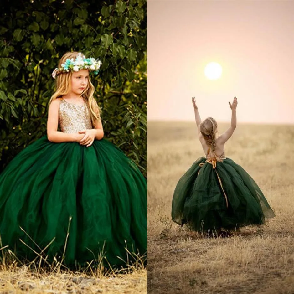 Glitz Tutu Emerald Green Flower Girls Dresses 2022 Halter Backless Gold Sequins Top Tulle Country Long Kids First Communion Dress251G