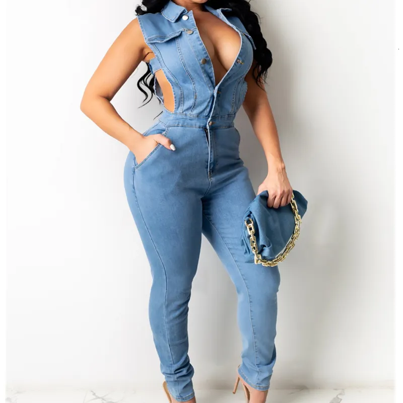 Combinaisons pour femmes Barboteuses Arrivée Sexy Slim Sans Manches Jeans Combinaison Denim Combishort Femmes Coton Élégance Jeans Femme Dames Salopette Jump Suits 230720