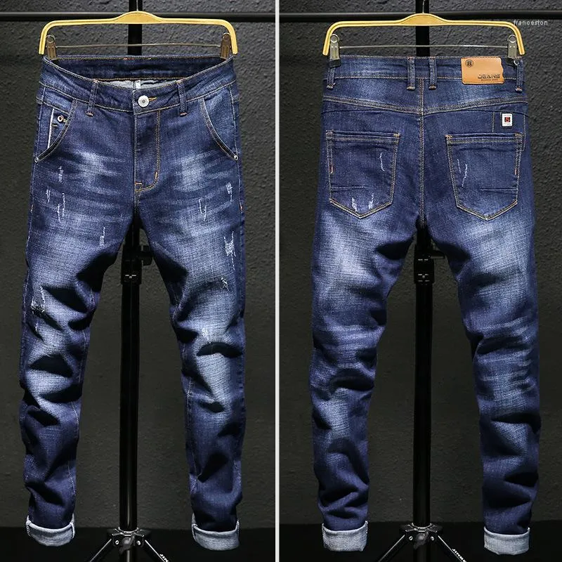 Jeans pour hommes Stretch Slim Fit bleu foncé maigre pour hommes décontracté rétro Denim pantalon Style coréen Streetwear mâle marque pantalon