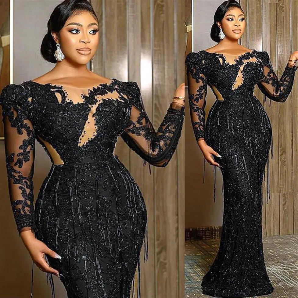 Aso Ebi 2021 Arabisch Plus Size Schwarz Luxuriöse Etui-Abschlussballkleider Spitze Perlen Sheer Neck Abend formelle Party Zweiter Empfang Gow262S