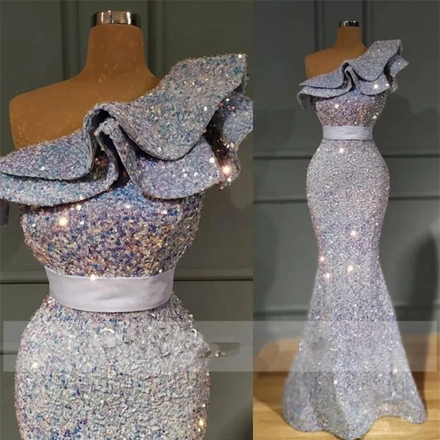 Eleganta silver paljetter sjöjungfru aftonklänningar 2021 en axel sveptåg plus storlek formella prom party klänningar vestidos de novia303g