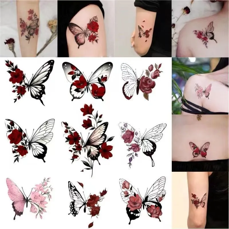 9 pc/Lot papillon Rose étanche temporaire tatouage autocollants bras cheville femme faux tatouage clavicule fleur Art Tatoo Temporales