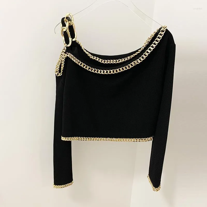 Vrouwen Truien Merk Ontwerp Onregelmatige Luxe Glodden Metalen Ketting Getrimd Off-Shoulder Gebreide Crop Trui Herfst Sexy Tops