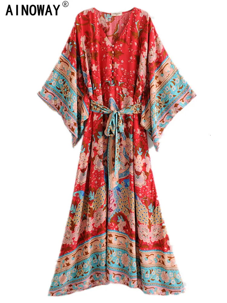 Basic Casual Jurken Vintage chique vrouwen rode bloemenprint vleermuis mouw strand Boheemse jurken Kimono Dames V-hals sjerpen Boho maxi jurk vestidos 230720