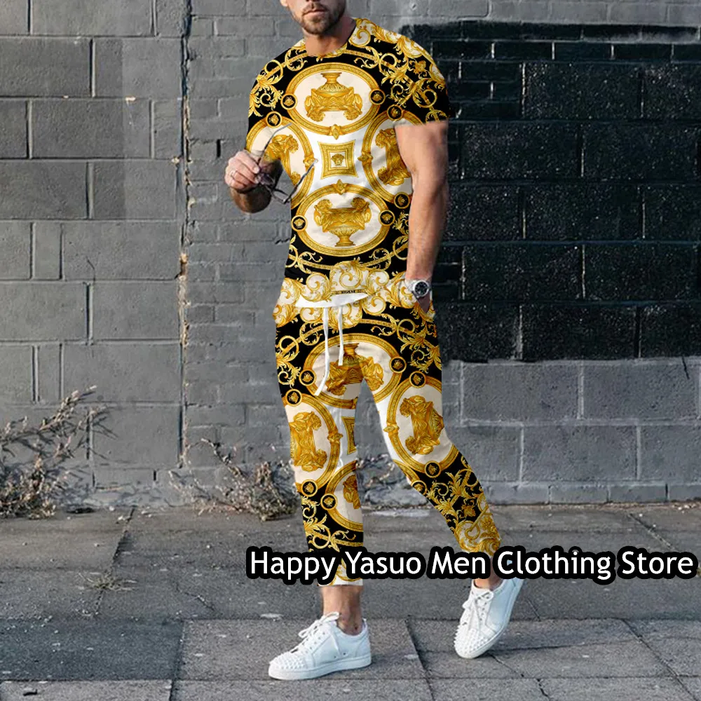 Agasalhos masculinos de verão camiseta masculina conjunto de calças de luxo com estampa de ouro roupa masculina moda agasalho 2 peças terno casual jogging roupas esportivas 230720