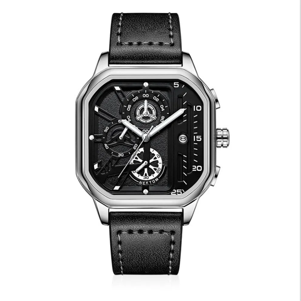 Nektom Brand Hollow Out Mens Watches دقيق الكوارتز مشاهدة حزام جلدي عالي الجودة ممر مربع مربعة مراقبة مراقبة ساعة الاضطراب 308 م