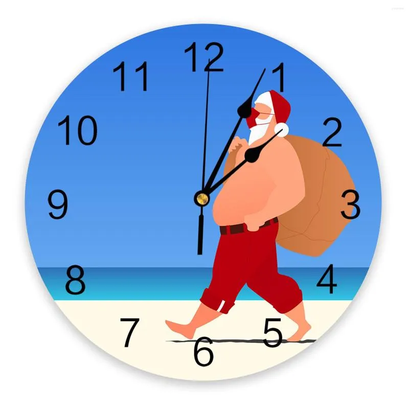 Wall Clocks Christmas Beach Santa Claus Round Desktop Digital Clock Non-ticking Creative Childrens Room Watch