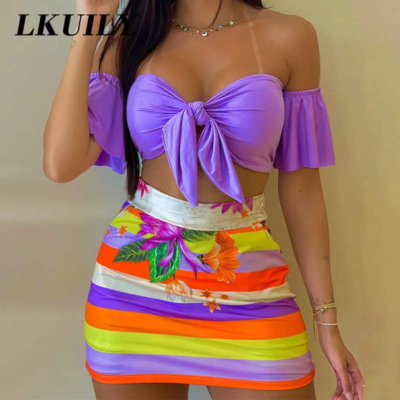 Tweedelige Jurk Zomer Bloemen Pakken Met Rokken Set Crop Top Mini Vakantie Print Mode Sexy Outfits Y2K Bodycon Rok 230721