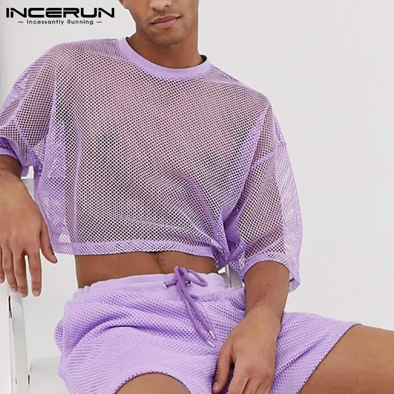 Men s Tracksuits INCERUN Men Mesh Sets See Through Solid Color Short Sleeve Crop Tops Shorts 2023 Streetwear Breathable Party Casual Suits 230720