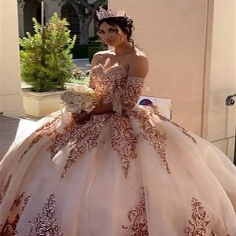 Charro Blush Quinceanera Dresses with Rose Gold Applque Sequin vestidos de 15 anos Off Shoulder Sweet 16 Dress2592