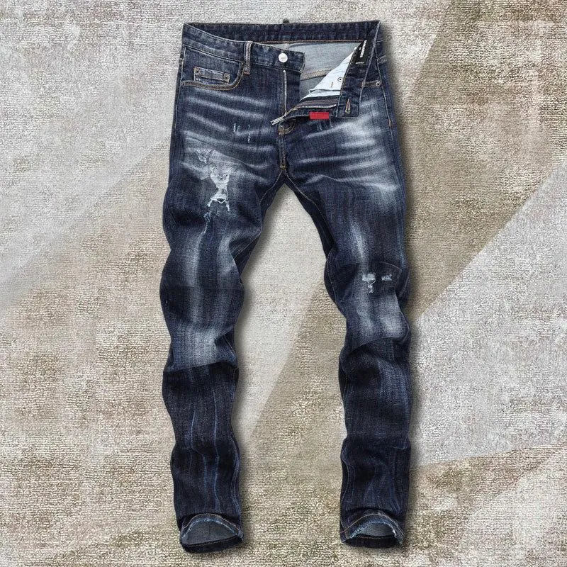 Mannen Jeans Retro Blue Ripped Designer Jean Mannen Broek Straat Gat Brief Patchwork Noir Homme 2023 Hip Hop Punk motorfiets