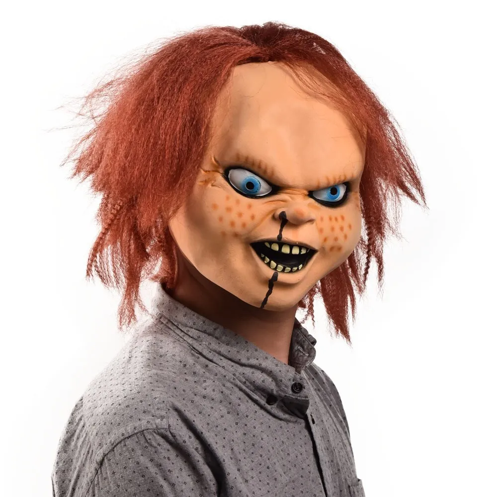 Horror Chucky Mask Cosplay Ghost Kid Smorfia Casco integrale Casco spaventoso Halloween Canival Spook House Party Killer Puntelli