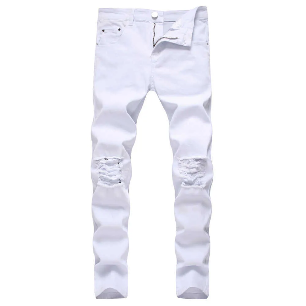 Godlikeu White Mens Jeans Ripped Trisped Black Skinnyデニムヒップホップボタンストレッチパンツ5Gef