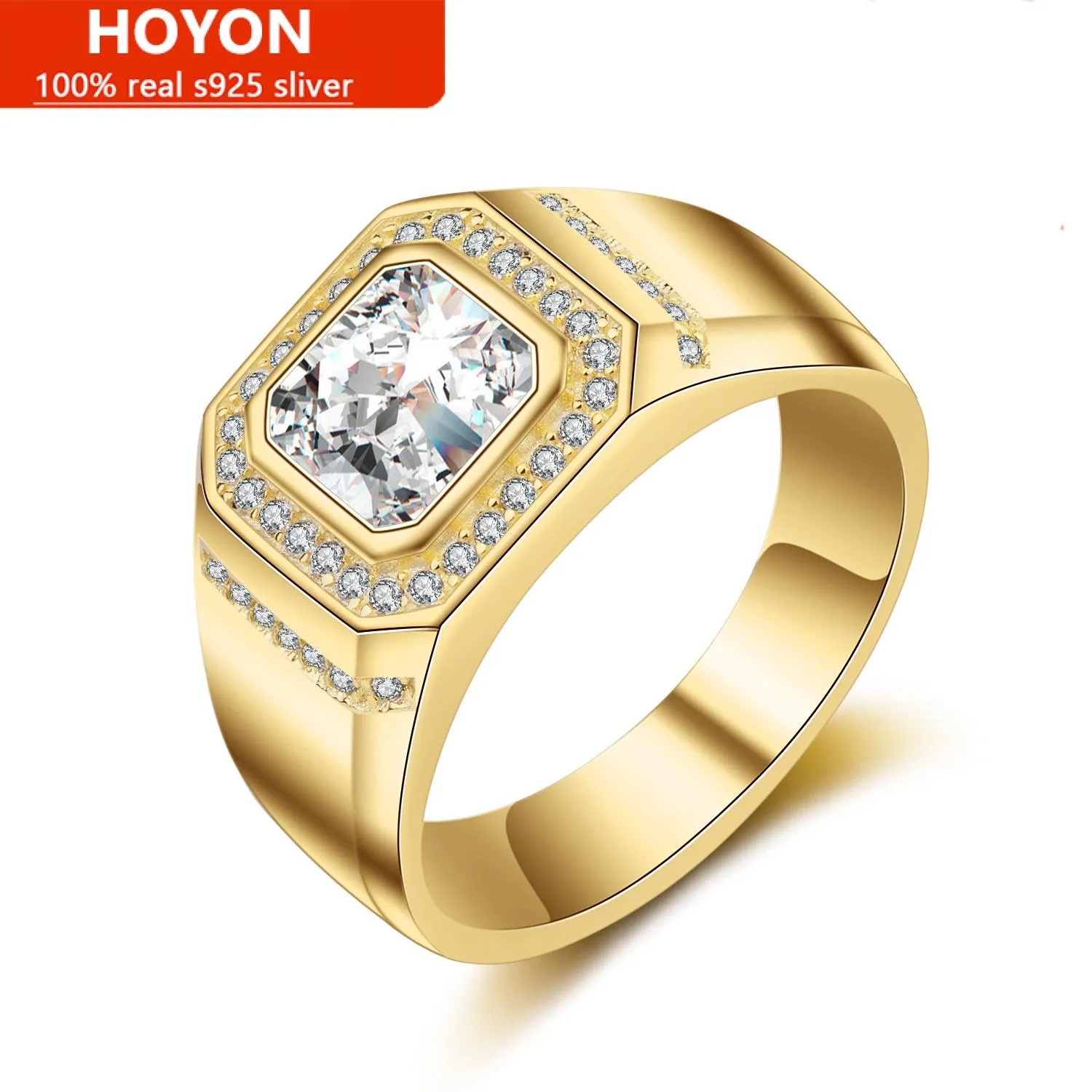 Hoyon 14Kイエローゴールドカラー長方形カットシミュレーションダイヤモンドリング女性女性ホワイトゴールドコーティングAAAジルコンファインジュエリーギフト