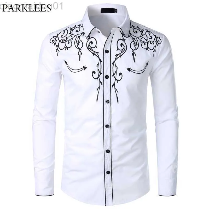 Men's Casual Shirts Mens Western Cowboy Shirt Stylish Embroidered Slim Fit Long Sleeve Party Shirts Men Brand Design Banquet Button Down Shirt Male L230721
