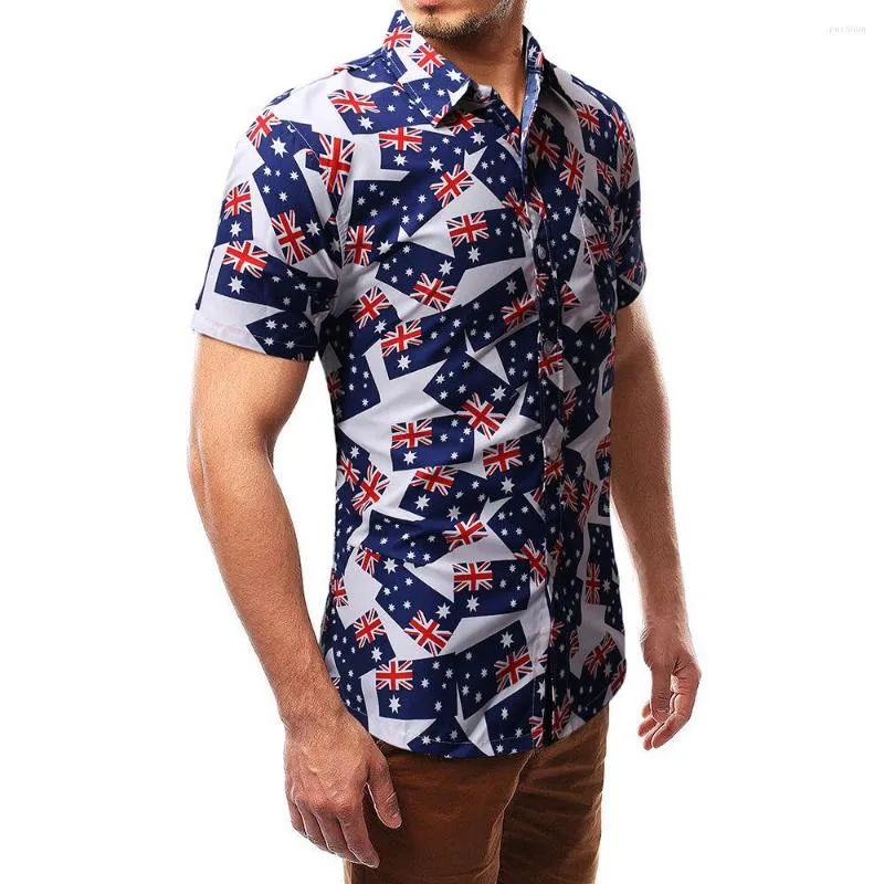 Camisas Casuais Masculinas Moda Estilo Britânico Negócios Bandeira Impressão Camisa Fina Cavalheiro Juventude Maré Manga Curta Floral