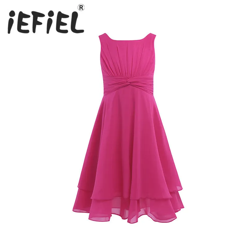 Iefiel Girls Chiffon Knotted WaistとRuched Flower Girl Dress Princess Pageant Wedding Bridesmaid Birthday Party Summer Dress