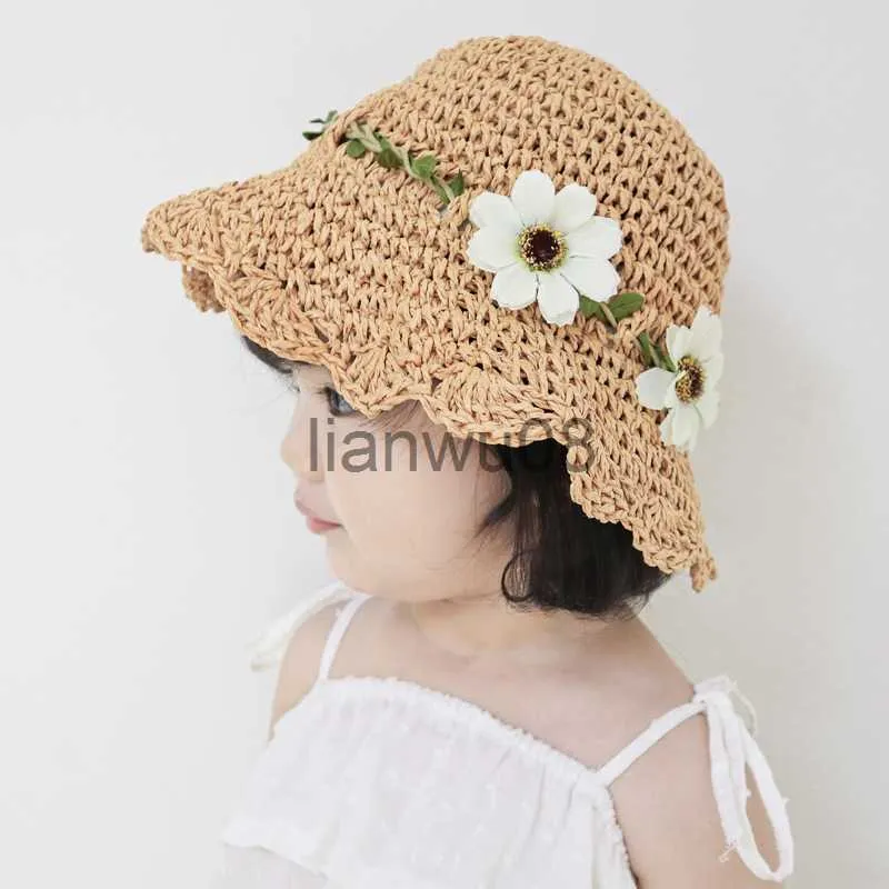 모자 모자 어린이 어부 모자 소녀의 밀짚 모자 여름 얇은 햇빛 모자 모자 어린이 여자 공주 머리 장식 꽃 패션 x0810