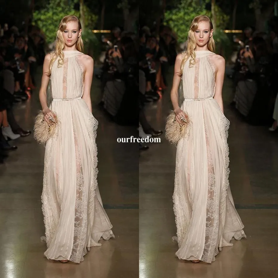 Elie Saab Spring Couture Formal Evening Dresses A Line Custom made Sexy High Neck Chiffon and Lace Party Prom Gowns Floor Length S2213