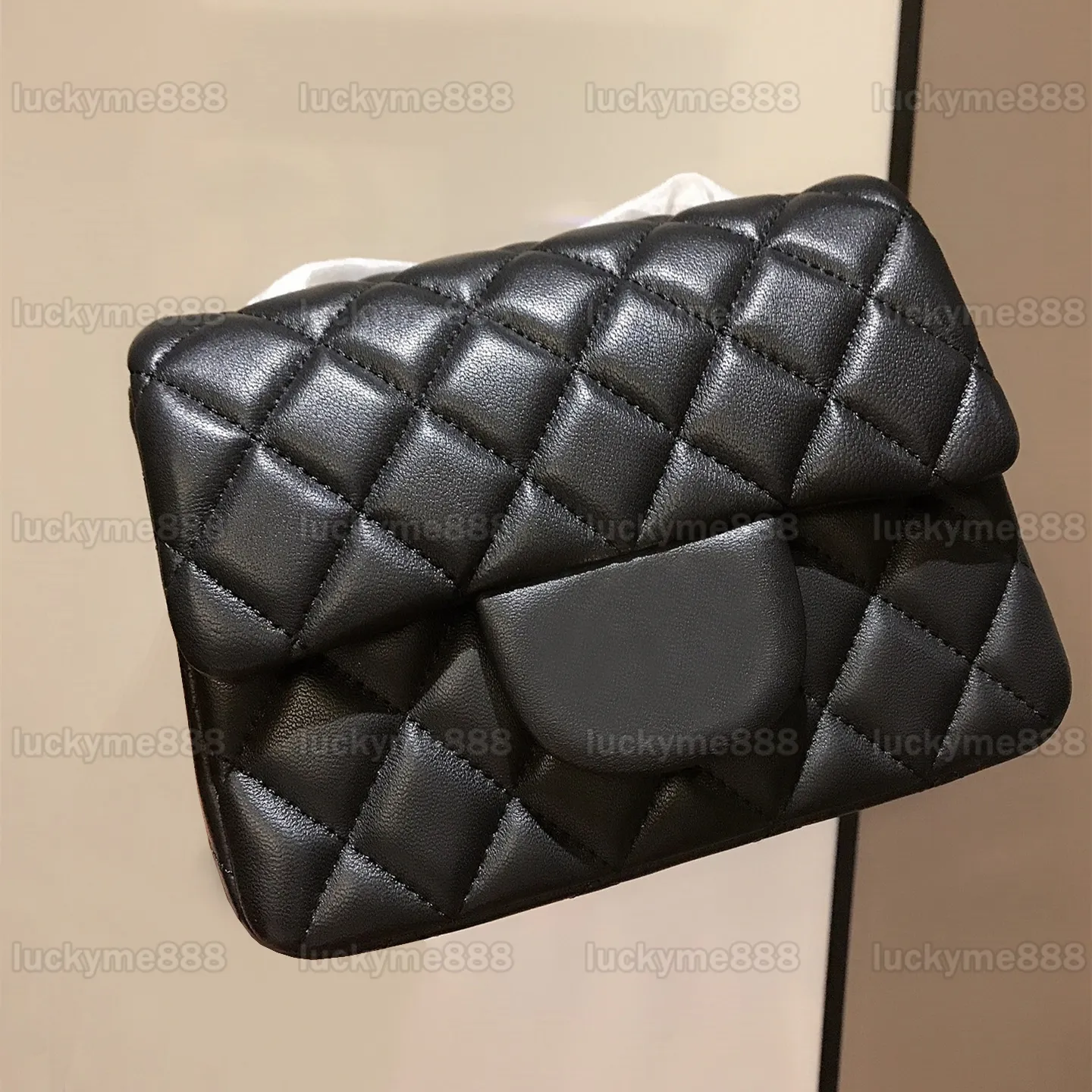 10A Diseñadores de calidad de espejo Mini bolso cuadrado con solapa 17 cm Bolso de piel de cordero de caviar de cuero real para mujer Bolso clásico negro acolchado Bolso bandolera Bolso de caja de cadena de oro