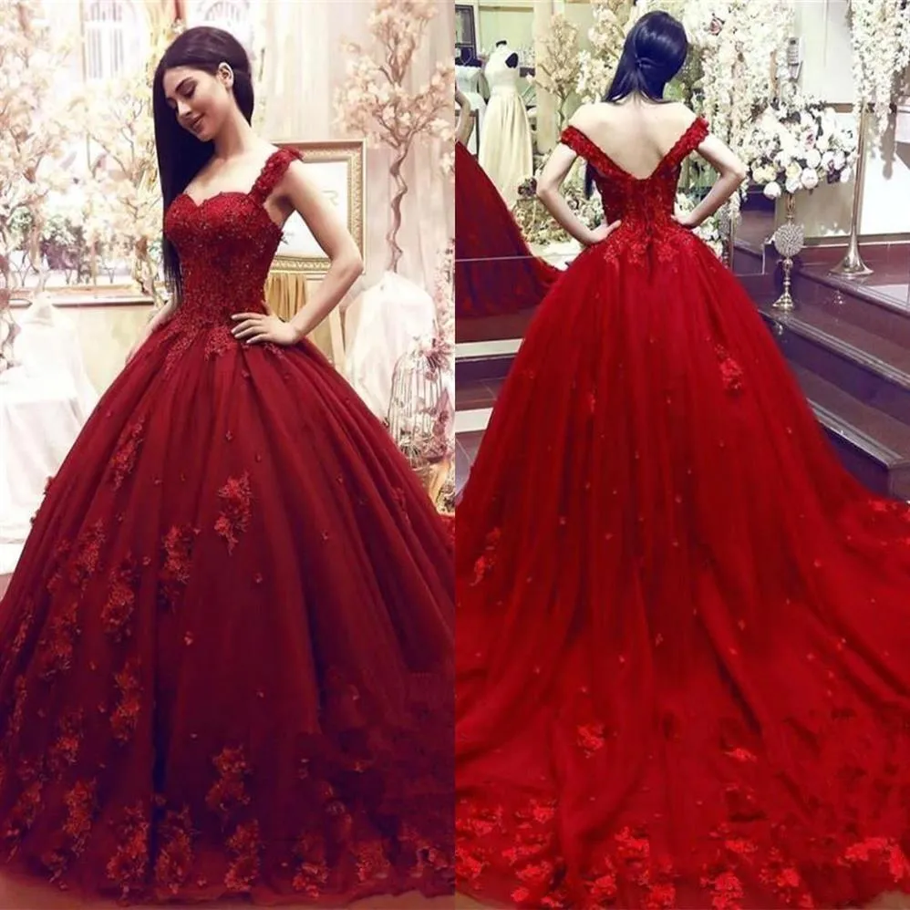 Luxe Kant Geappliceerd Baljurk Quinceanera Jurk Vintage Bordeaux Spaghetti Sweet 16 Jurk Lange Formele Party Prom Avondjurk BC287Y