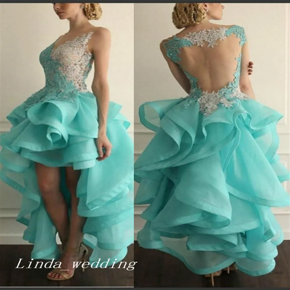 2019 Vert Menthe Couleur Haut Bas Robe De Bal Sexy Volants Organza Dentelle Robes De Quinceanera Soirée Robe De Soirée Plus La Taille robes de 344g