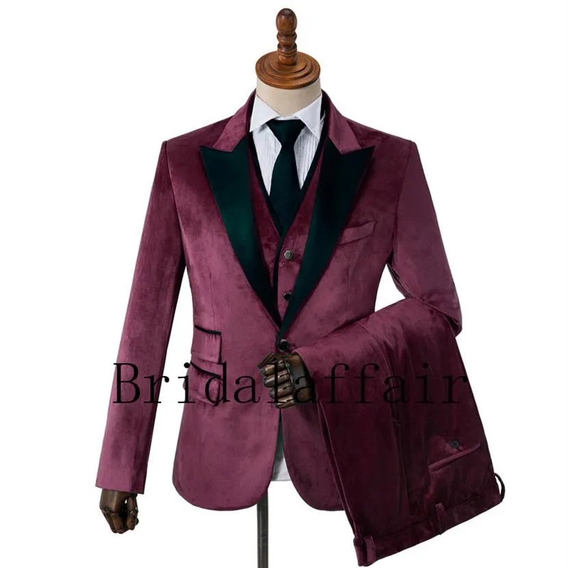 Designs casual business Dark Burgogne Velvet Mens Suits 3 Pieces Formal Set Set Men Wedding Suits For Men Groom Tuxedos Pants JA273B