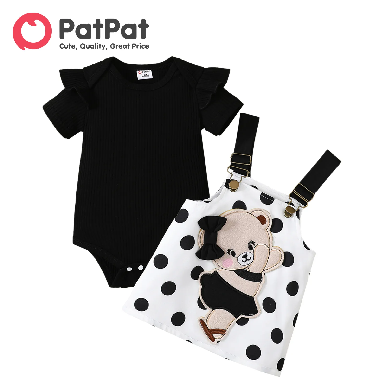 PatPat 2 stks Baby Meisje 95% Katoen Ruffle Trim Korte mouwen Romper en Beer Grafische Stippen Algehele Jurk Set