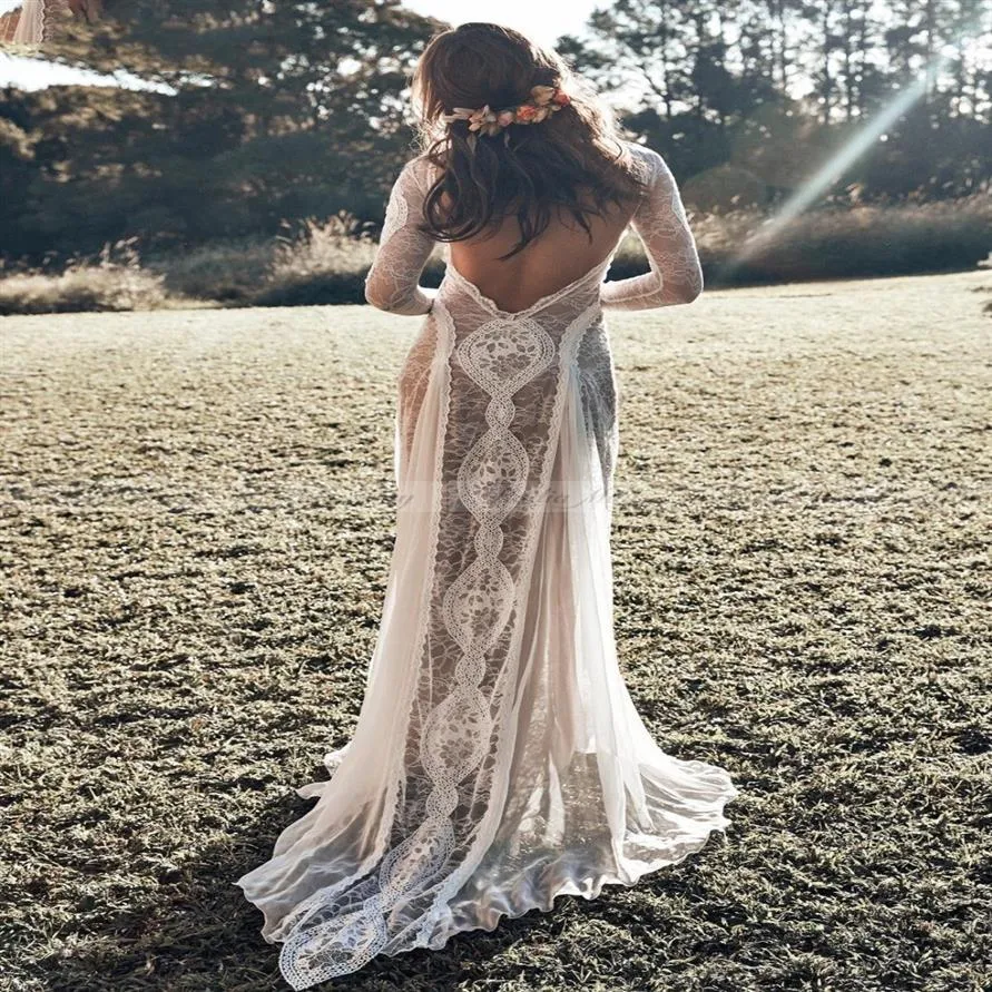 Vintage Jurken Jurken Kant Backless Boho Strand Bruiloft Lange mouw Naakt Voering Country Bohemian Hippie Gypsy Bride2435