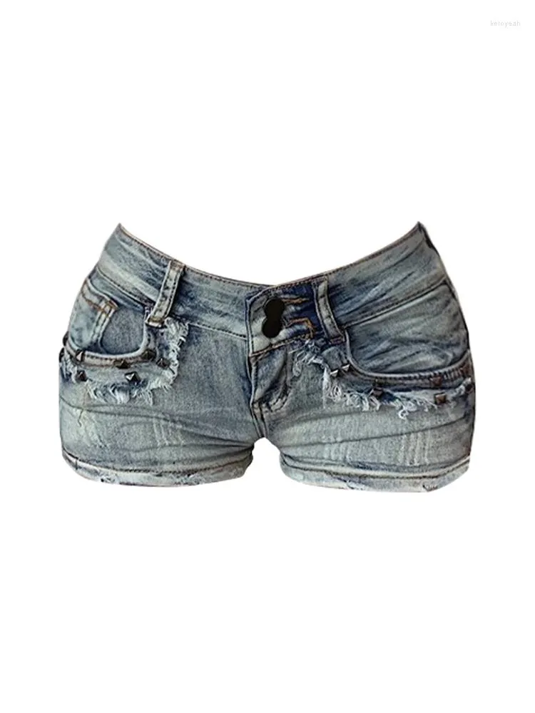 Kvinnors jeans låg midja kvinnor sexig super bomull denim shorts nitar design lady clubwear byxor harajuku koreanska 2023 sommar streetwear