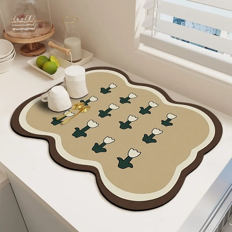 Mats Pads Drain Mat Drying Absorbent Draining Kitchen Coffee Pad Kitchen Countertop Placemat Dish Tableware Machine Pad Cup Printed Mat 230720