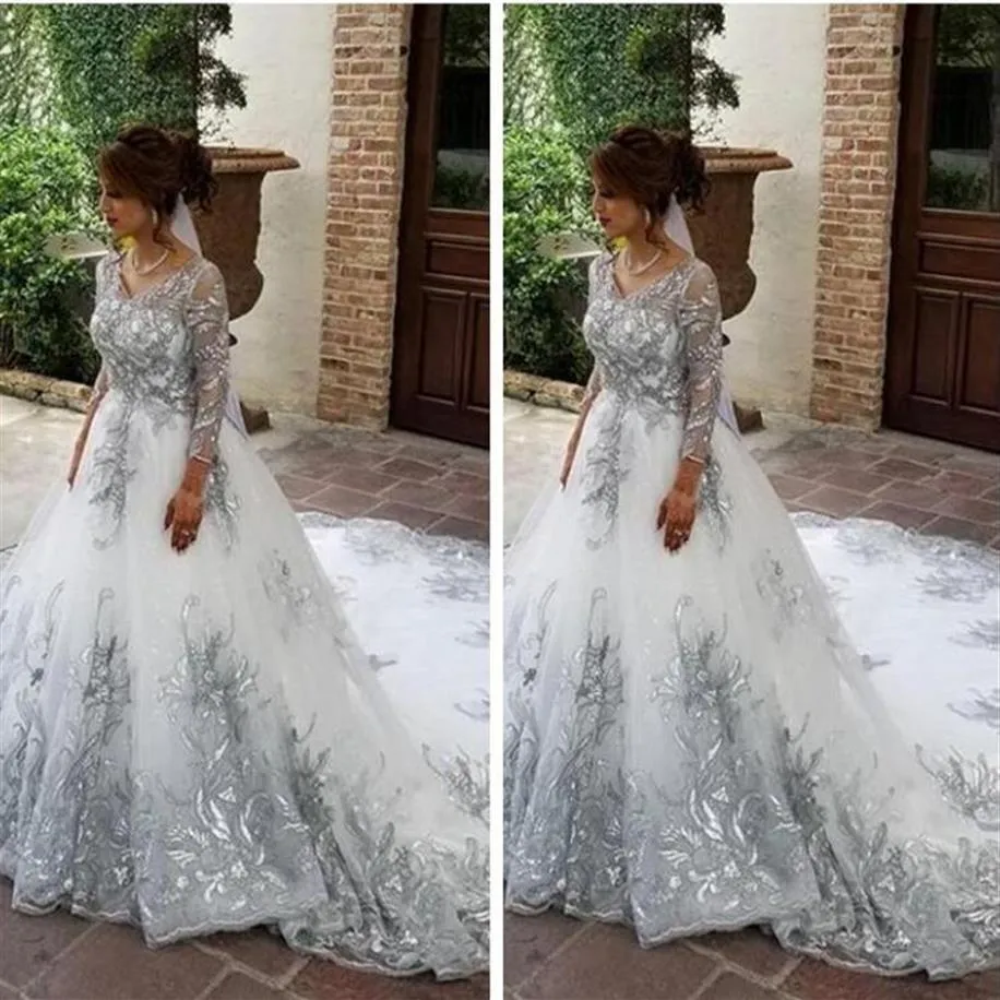 3/4 Abiti da sposa maniche lunghe Scollo a V Applique in pizzo argento Cappella Treno Abito da sposa da sposa su misura Plus Size vestido de nov195r