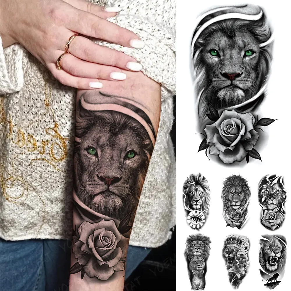 Waterproof Temporary Tattoo Sticker Lion Crown Flash Tatto Wolf Tiger King Rose Flowers Body Art Arm Fake Tatoo Men Women