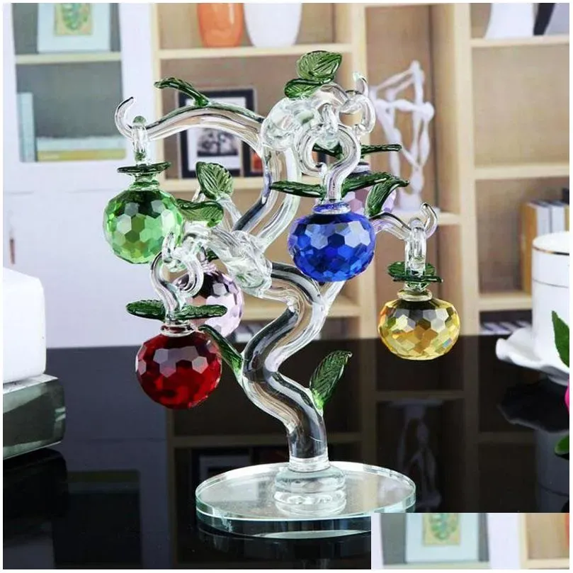 glass crystal  tree with 6pcs apples fengshui crafts home decor figurines christmas year gifts souvenirs ornament decorative objects