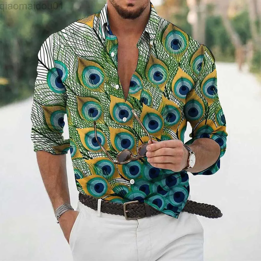 Camicie casual da uomo Camicia da uomo con stampa Camicia da uomo Piume di pavone sciolte Taglie forti Stampa Top slim T-shirt Ventilazione Uomo maniche lunghe L230721