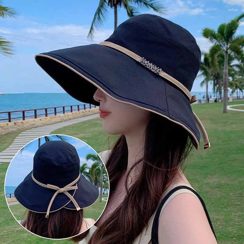 Bola de bolas Hat de cubo de cubo Protección solar de verano Femenina Estilo japonés Big Brim Tether para mujeres