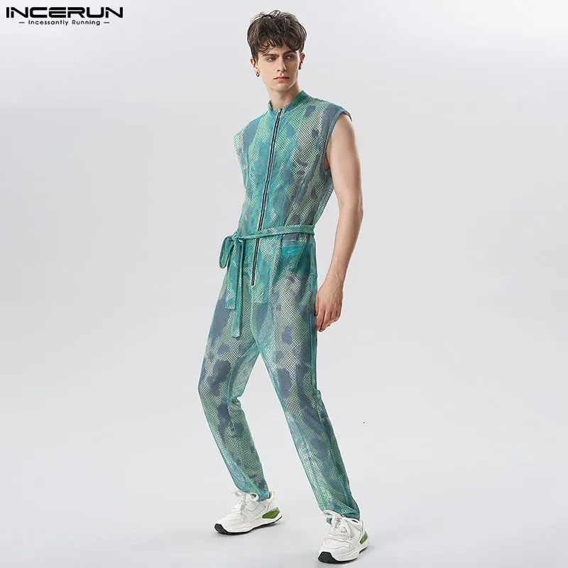 Mężczyzn Pants 2023 Men Jumpsuits Mesh krawat bar barwnik błękotnik seksowne rompers przezroczyste mody streetwearu z paskiem indeperun s 5xl 7 230720