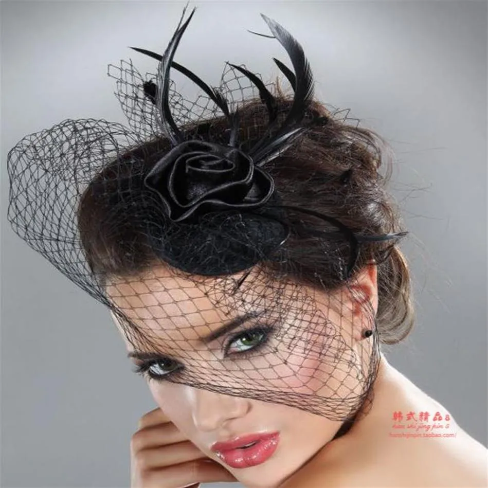 Schwarz Weiß Mode handgemachte Feder mit Netz schöne Braut Blume Party Hochzeit Fascinator Hüte Schleier Vogelkäfig Haarschmuck274Q